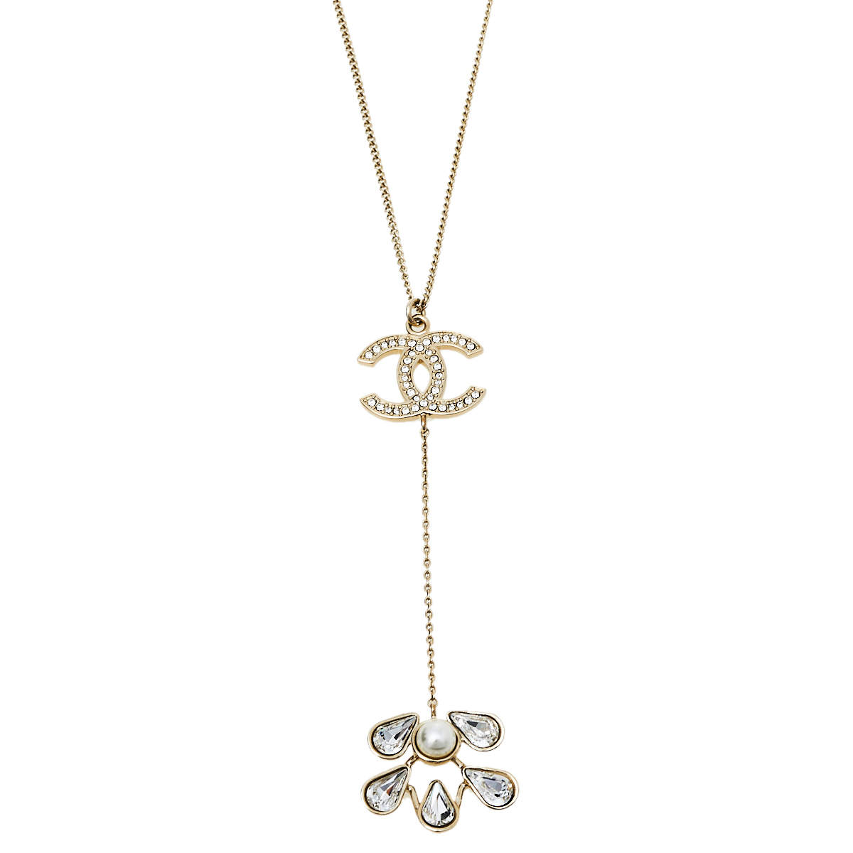 مملوكة مسبقًا Chanel Gold Tone Faux Pearl and Crystal CC Drop Necklace