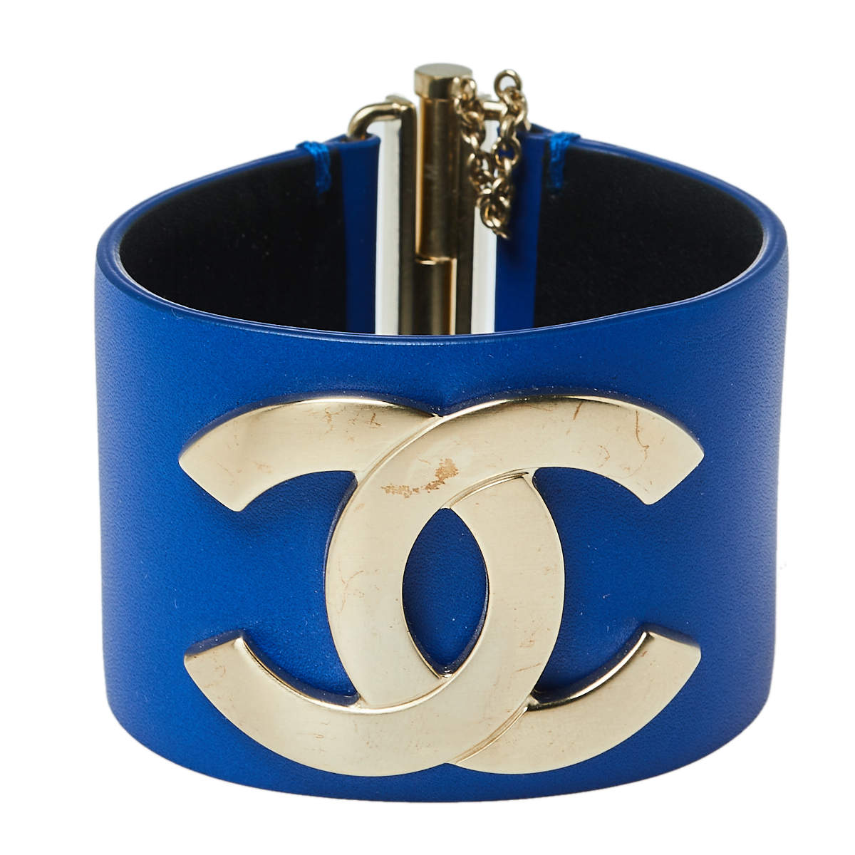 Chanel Blue Leather CC Gold Tone Wide Cuff Bracelet M