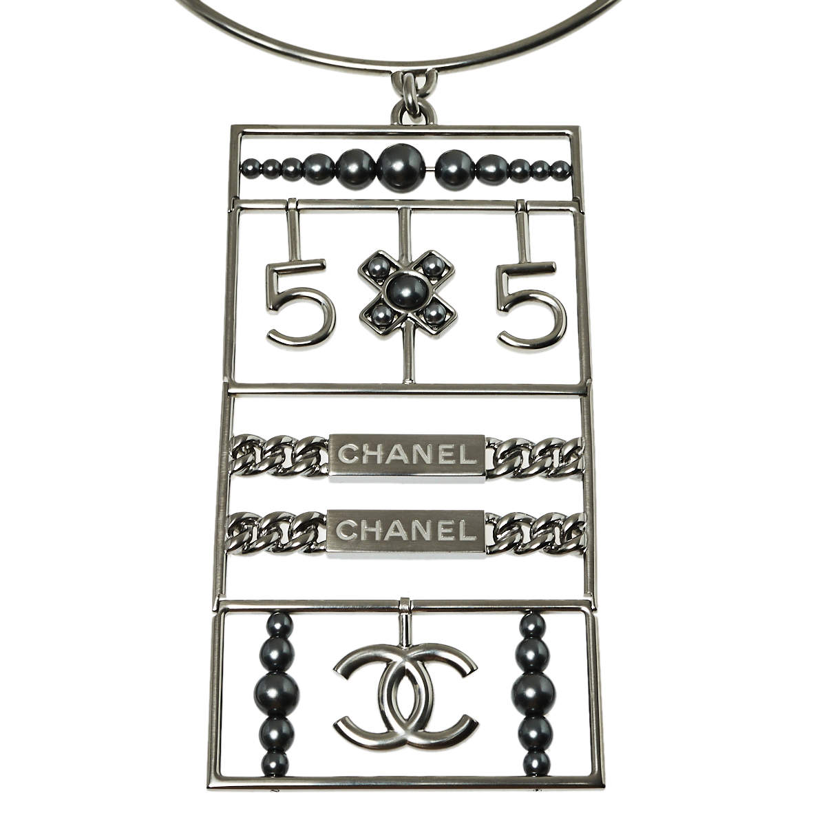Chanel Gunmetal Tone No. 5 Pendant Choker Necklace 
