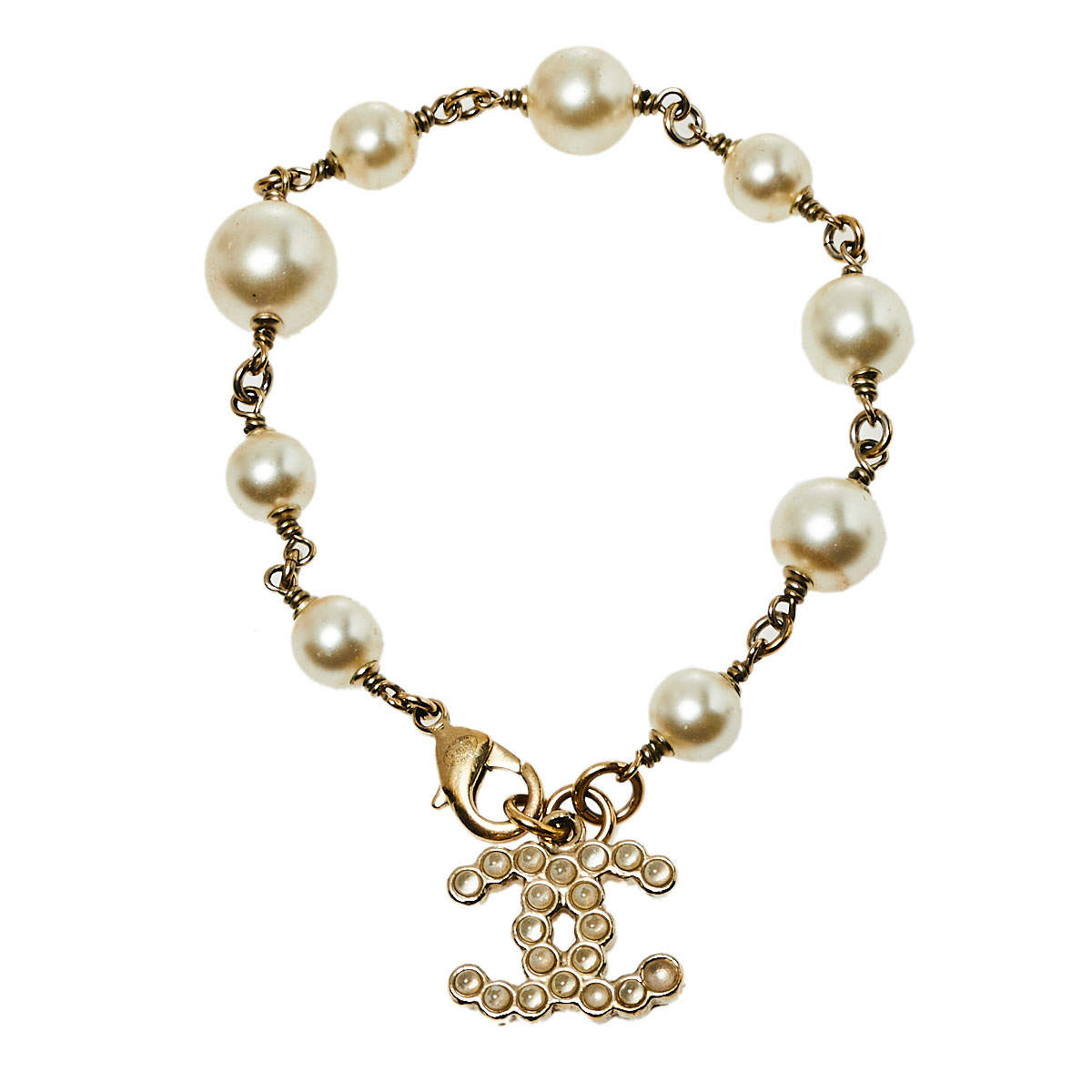 Chanel Gold Tone Metal Faux Pearl CC Logo Charm Bracelet Chanel