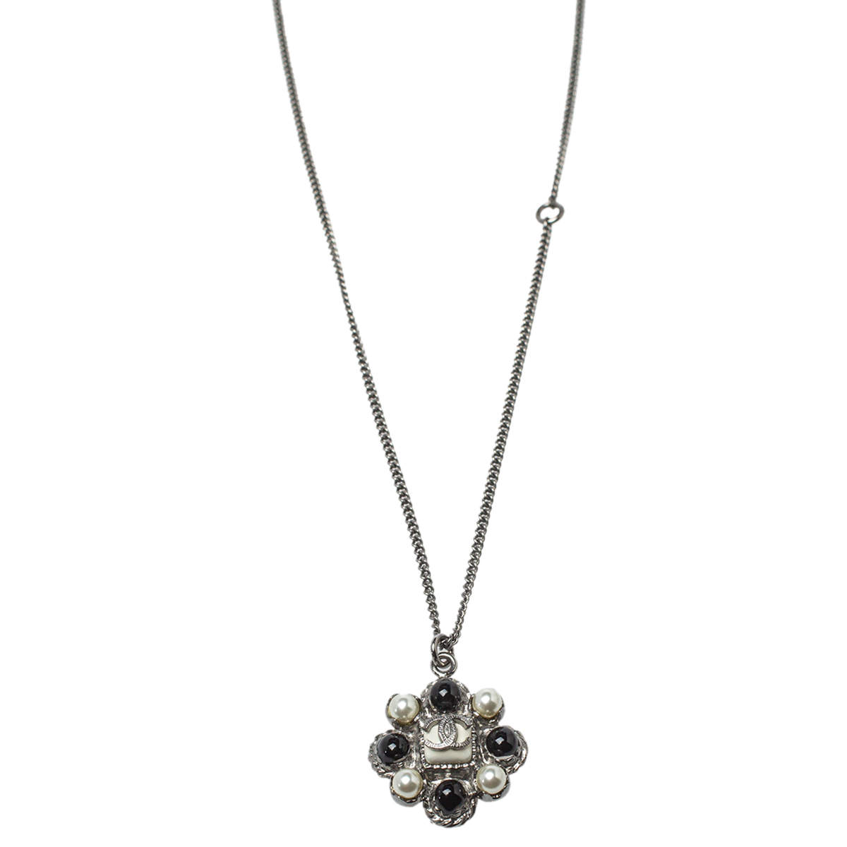 Chanel Dark Silver Tone Faux Pearl CC Pendant Necklace
