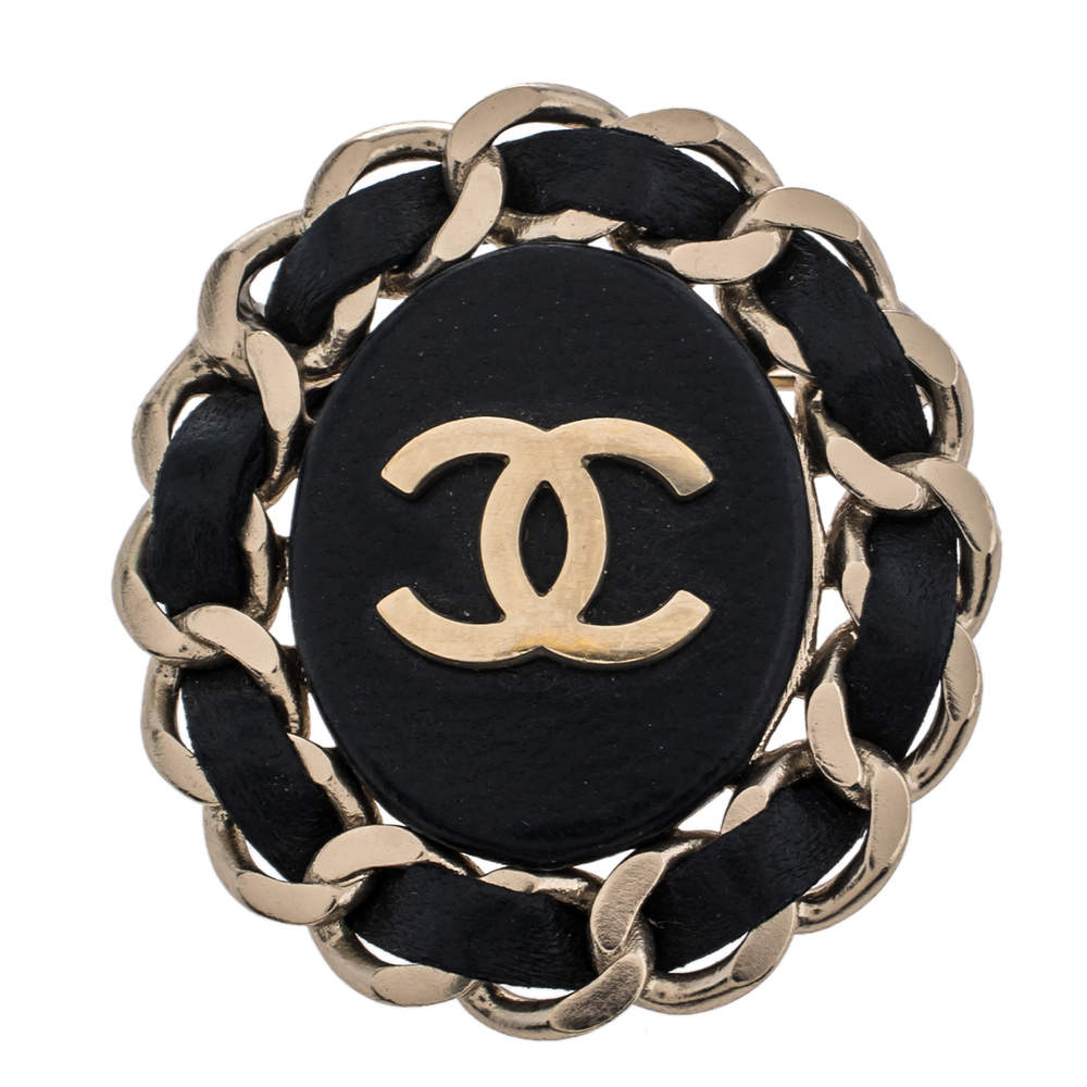 Chanel Black Leather Chainlink CC Pin Brooch