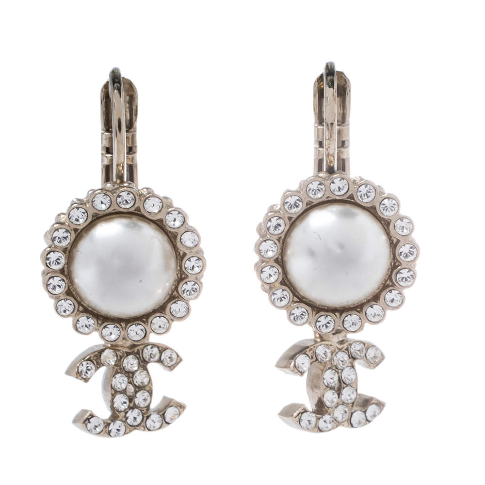 Chanel Aged Gold Tone Crystal CC Drop Pierced Hook Earrings
