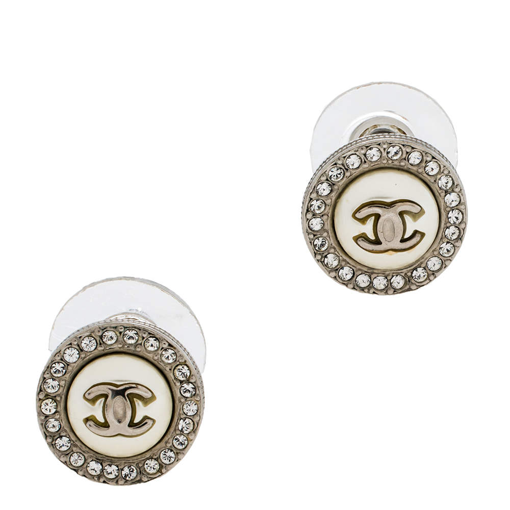 CHANEL Crystal CC Round Earrings Silver 335621