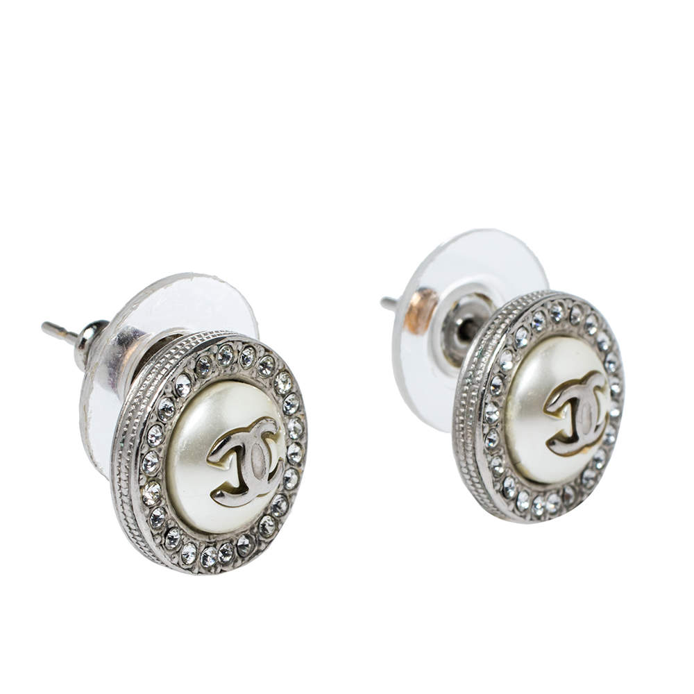 Chanel CC Faux Pearl Crystal Round Stud Earrings Chanel