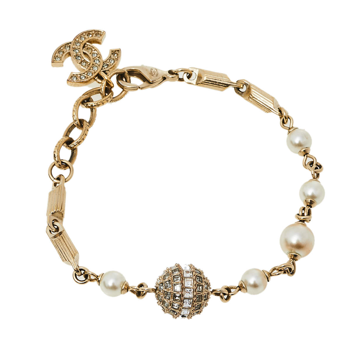Chanel Gold Tone Crystal Ball and CC Charm Bracelet