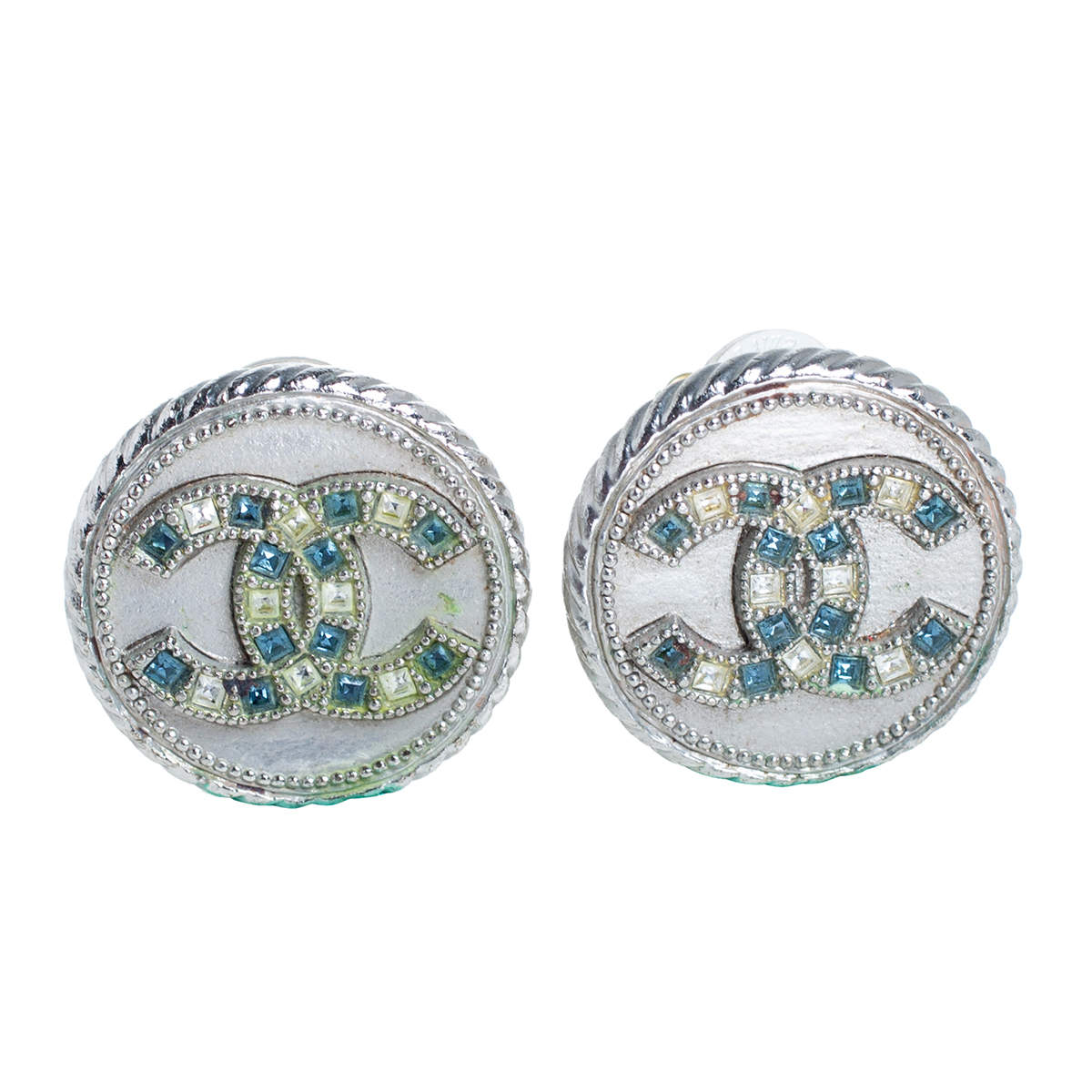 Chanel Silver Tone Crystal CC Logo Round Stud Earrings
