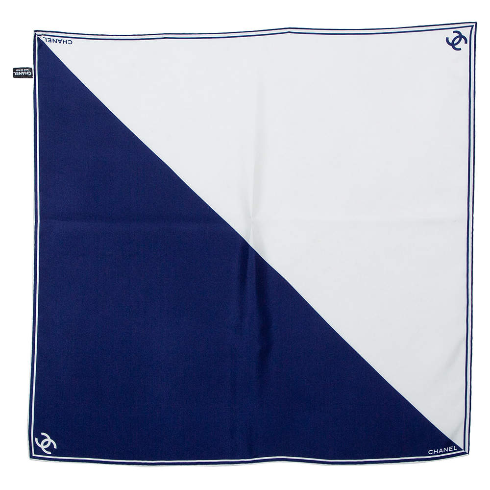 Pre Owned Chanel Navy Blue & White Logo Silk Square Scarf
