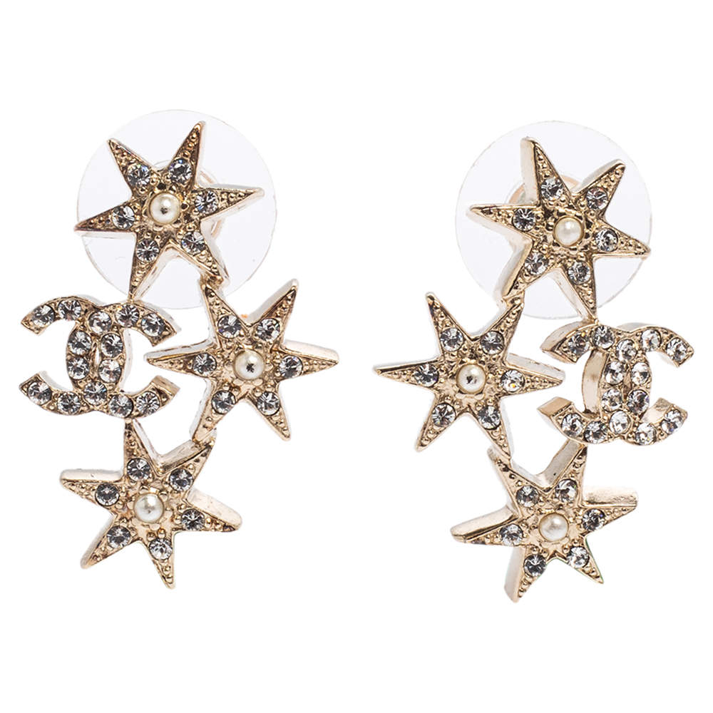 Pre Owned Chanel Pale Gold Tone Crystal CC Star Stud Earrings