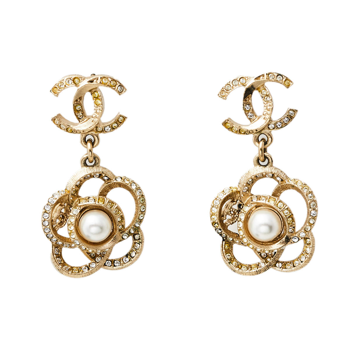 Pre Owned Chanel Pale Gold Tone Crystal Camellia Drop Earrings