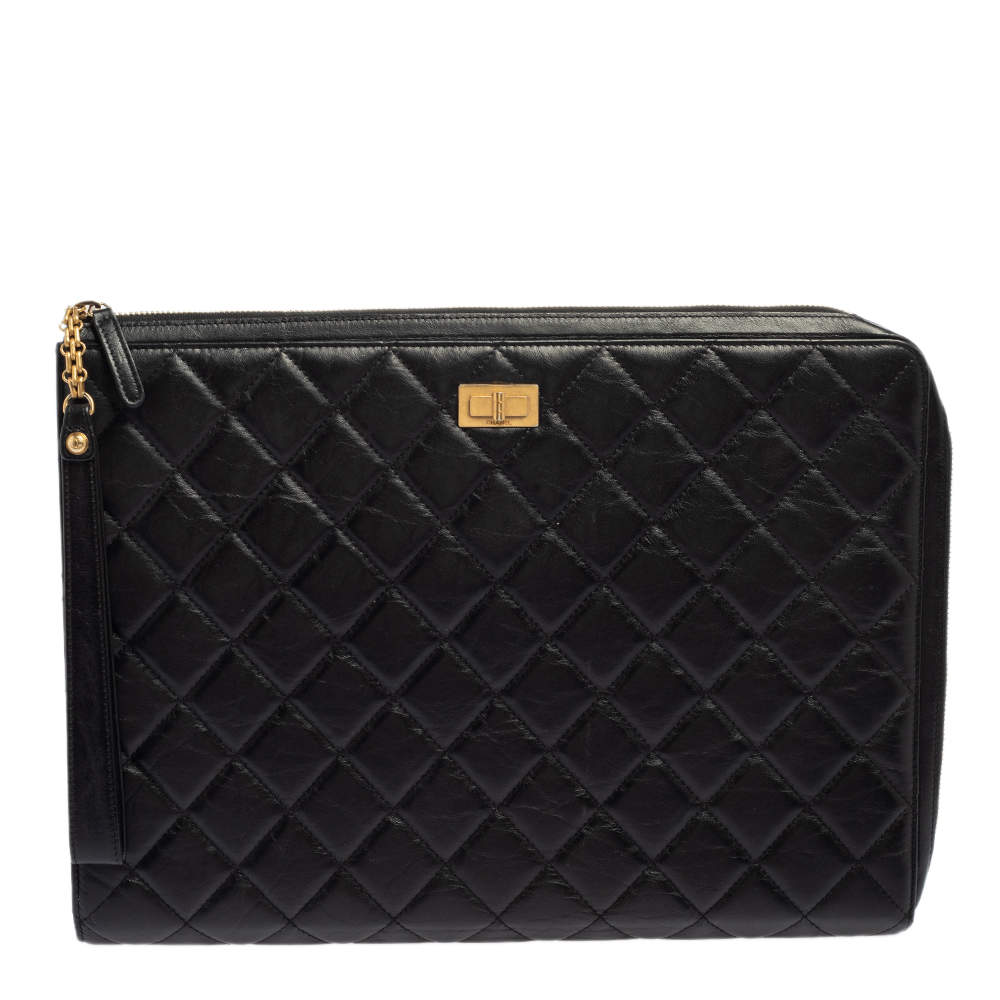 Pre Owned Chanel Black Quilted Aged Leather Reissue Document Portfolio Case