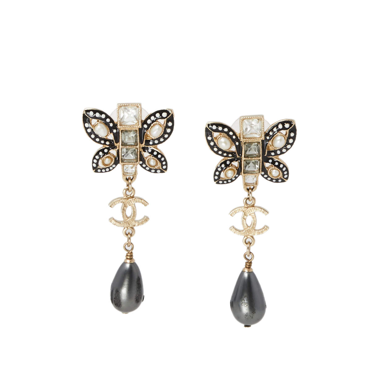 Chanel Crystal Faux Pearl Butterfly Gold Tone Drop Earrings
