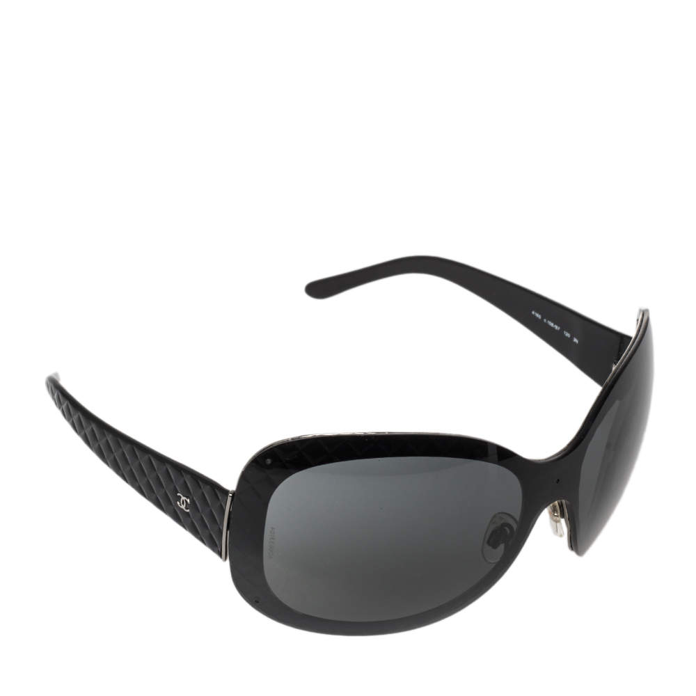 Pre Owned Chanel Black Quilted Acetate 4165 Shield Sunglasses