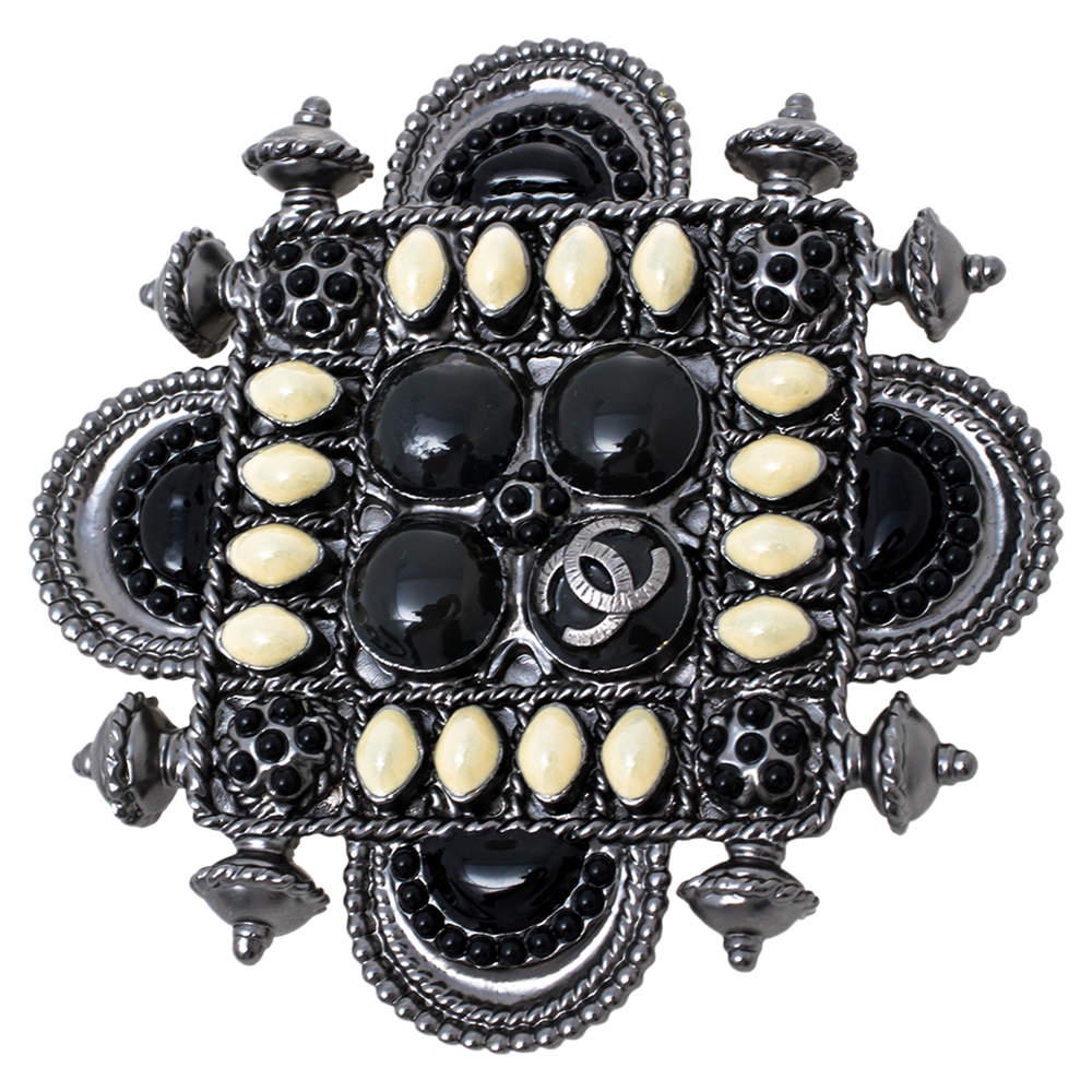 Pre Owned Chanel Gunmetal Tone Gripoix Detail Pin Brooch