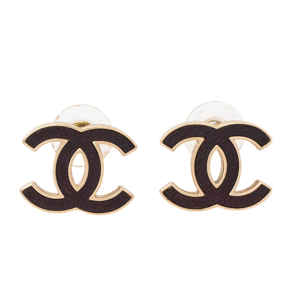 Pre Owned Chanel Gold Tone and Oxblood Leather CC Stud Earrings