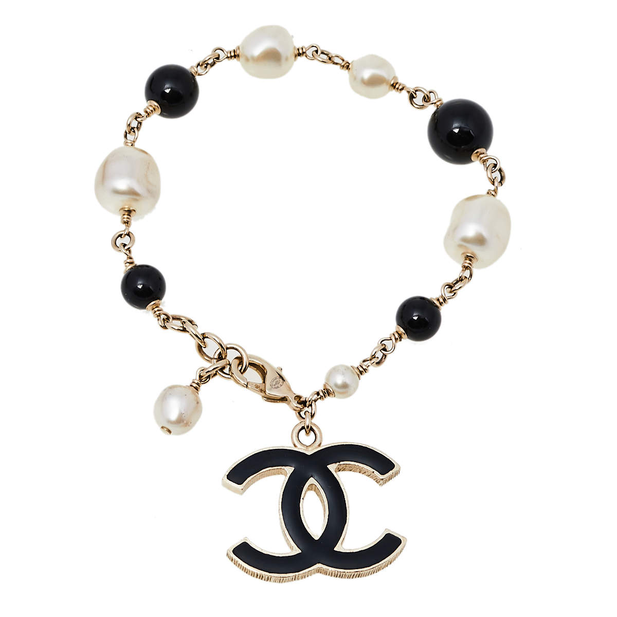 Chanel Faux Pearl Beaded Enamel CC Charm Bracelet