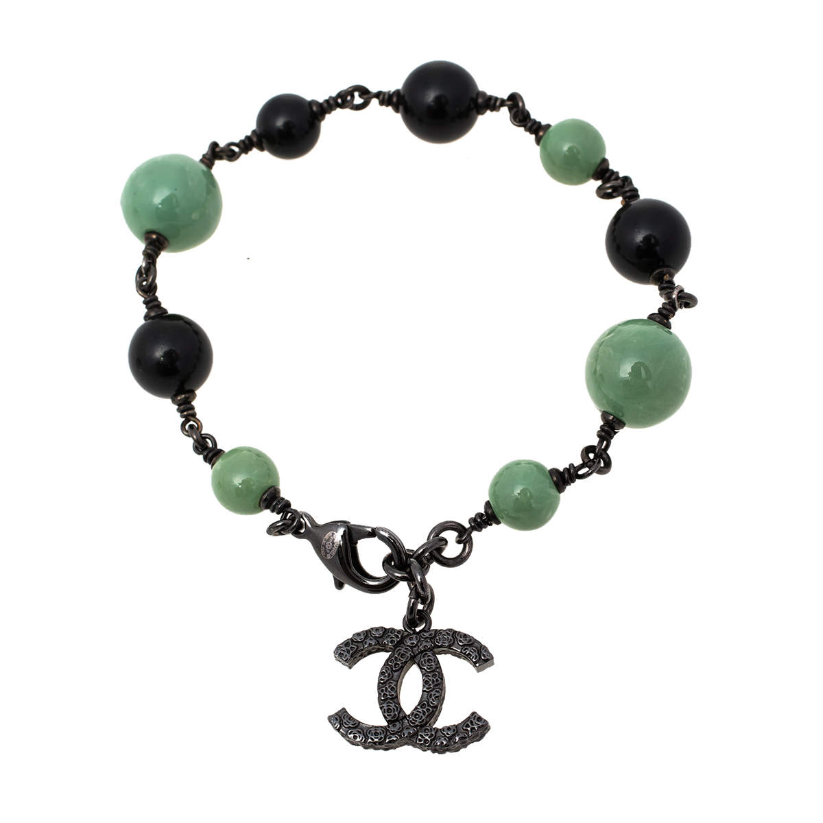 Pre Owned Chanel Green & Black Beaded Black Tone CC Charm Bracelet