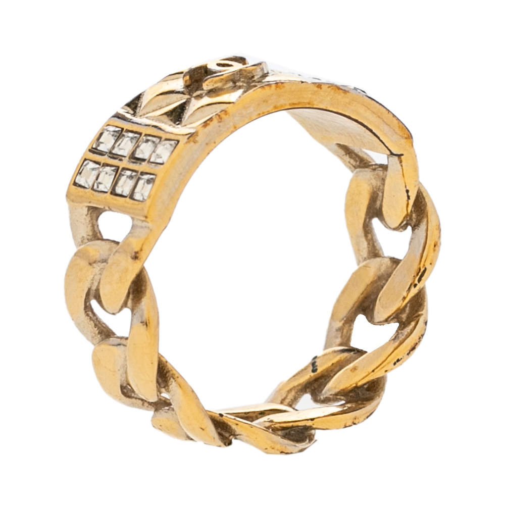 Chanel Gold Tone CC Crystal Textured Chain Link Band Ring Size EU 53