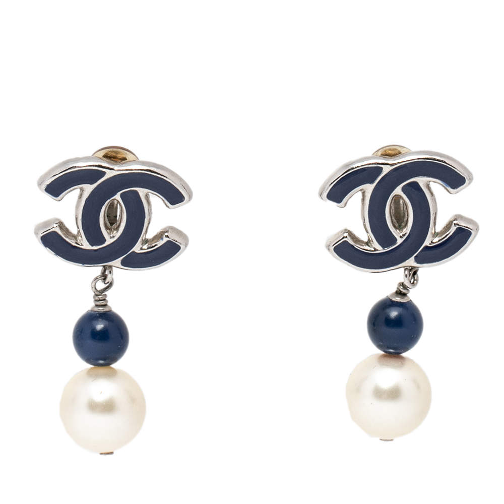 Chanel Silver Tone Blue Enamel CC Faux Pearl Drop Clip-on Earrings