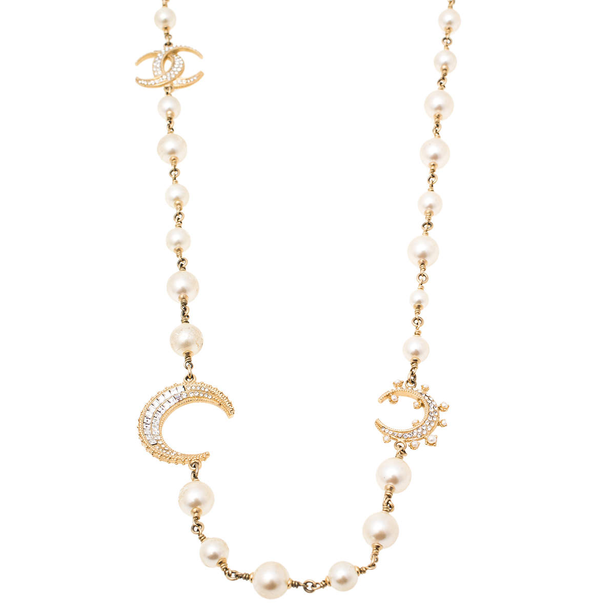 Pre Owned Chanel CC Crystal Faux Pearl Gold Tone Station Necklace 