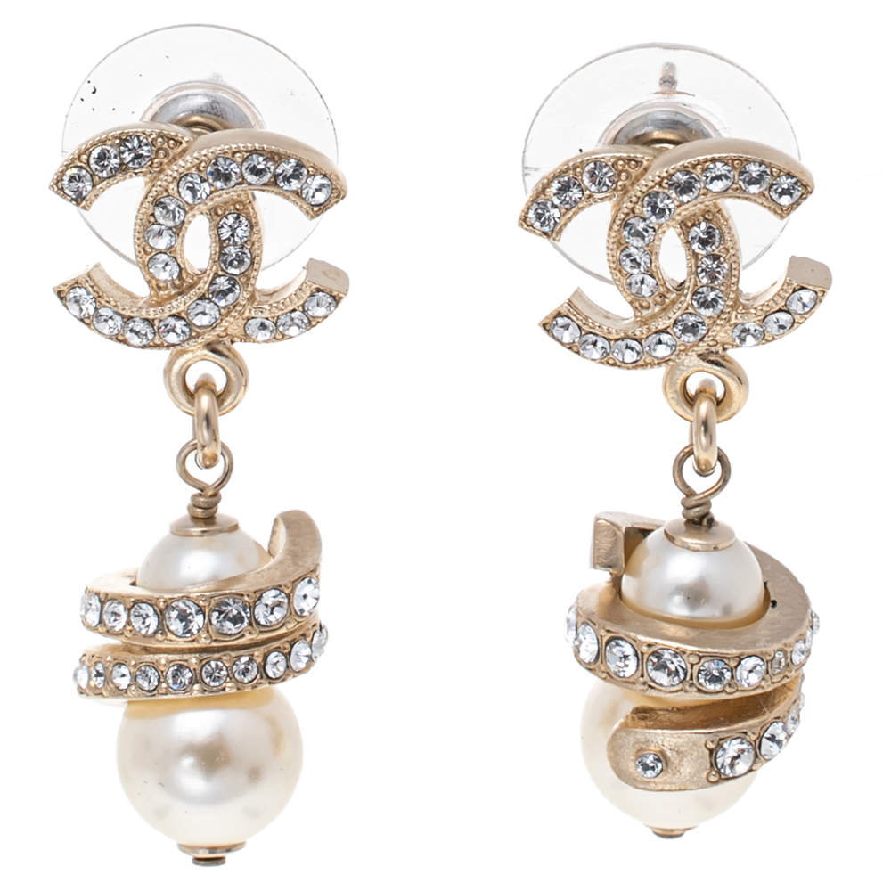 Chanel Gold Tone Crystal CC Pearl Drop Earrings