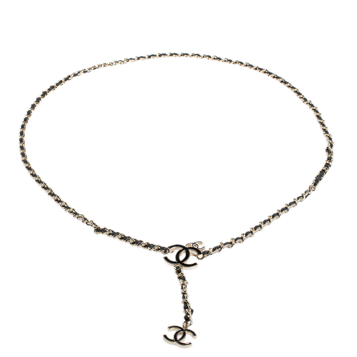 Pre Owned Chanel Black Leather CC Charm Gold Tone Chain Belt