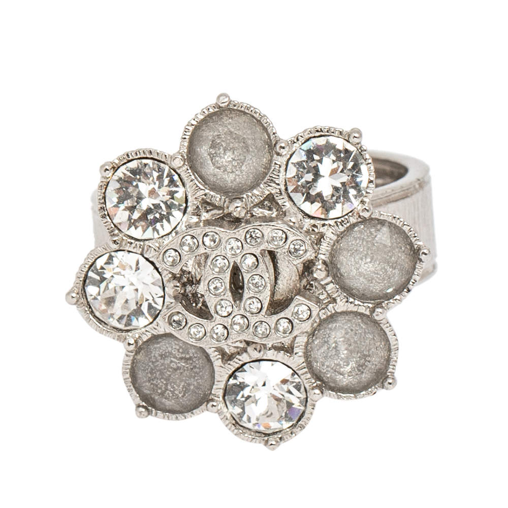 Chanel Silver Tone CC Crystal Flower Cocktail Ring Size 52