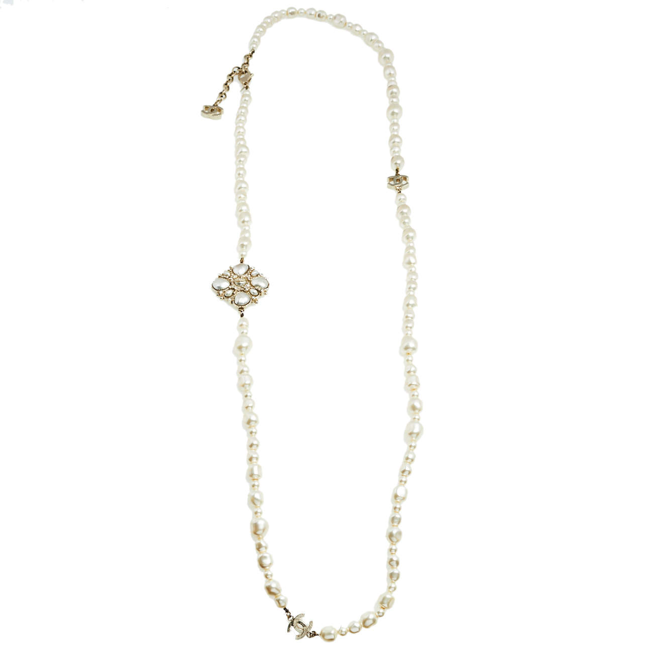 Chanel Crystal Embellished Charm Pearl Long Necklace