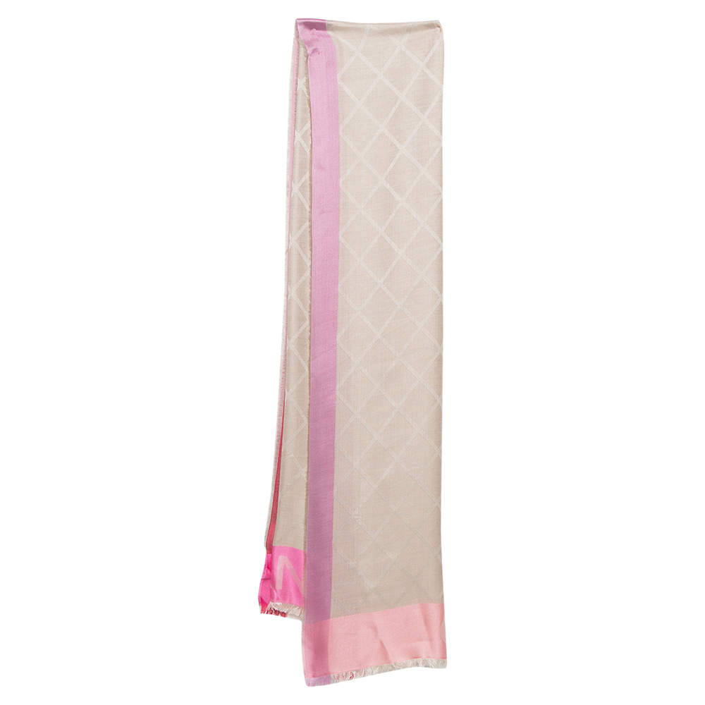 Chanel Beige & Pink Patterned Silk Cashmere Fringed Scarf 