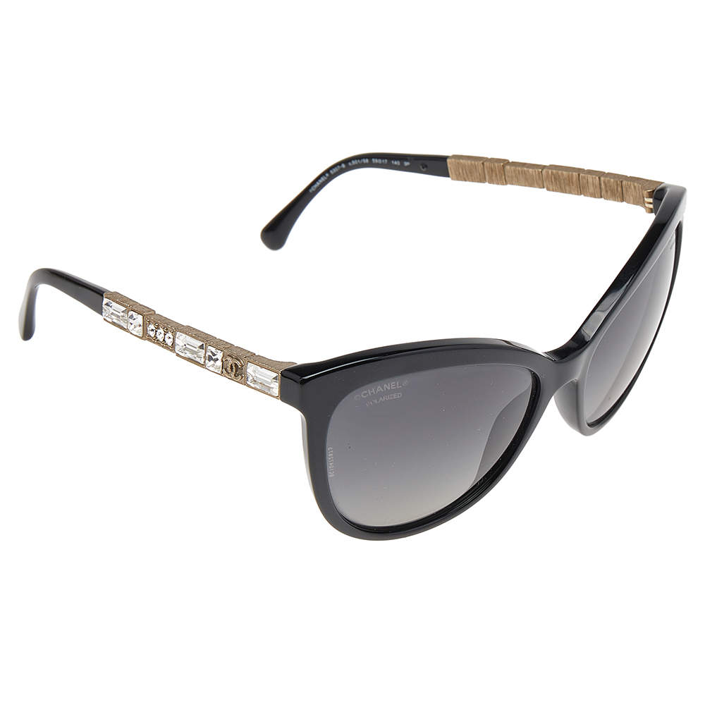 Pre Owned Chanel Black/Black Polarized Baguette Crystal 5307-B Bijou Cat Eye Sunglasses