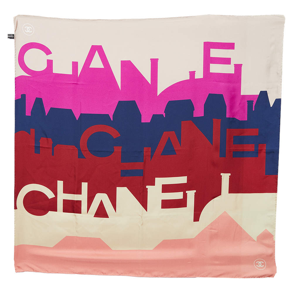 Pre Owned Chanel Multicolor Logo Letter Printed Silk Square Scarf