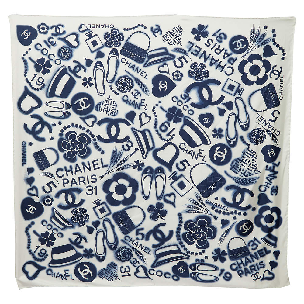 Pre Owned Chanel White & Navy Blue Logo Motifs Printed Silk Square Scarf