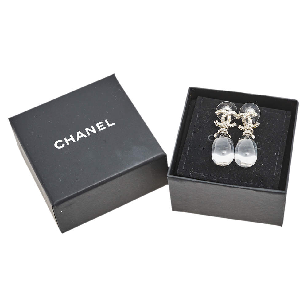 Chanel CC Crystal Silver Tone Drop Earrings Chanel