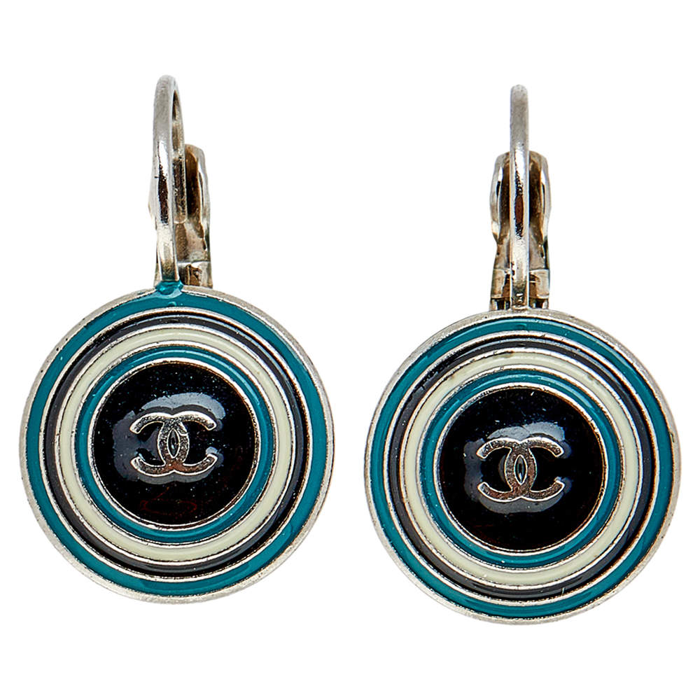 Pre Owned Chanel Silver Tone Enamel CC Drop Earrings