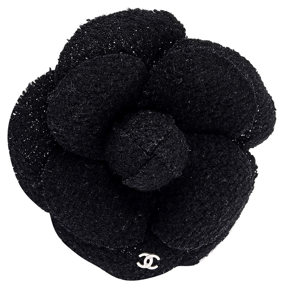 Pre Owned Chanel Black Tweed Camellia Brooch