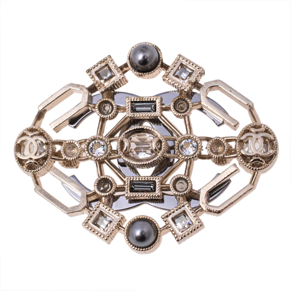 Chanel Crystal & Bead Pale Gold Tone Pin Brooch