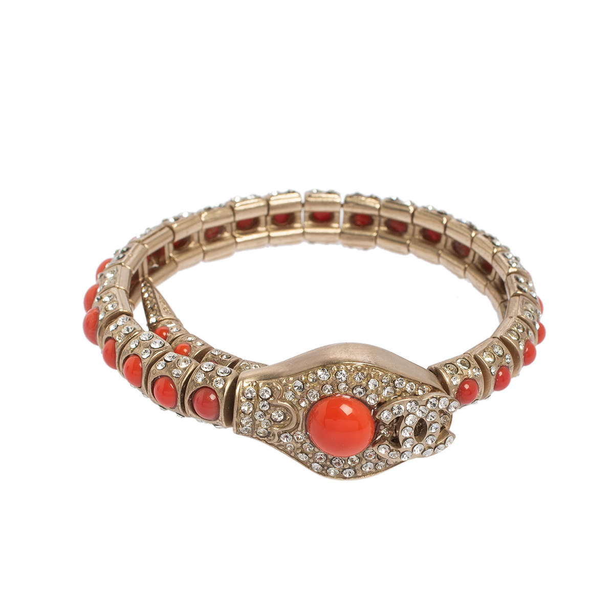 Chanel Crystal & Coral Stone Embellished Adjustable Bracelet