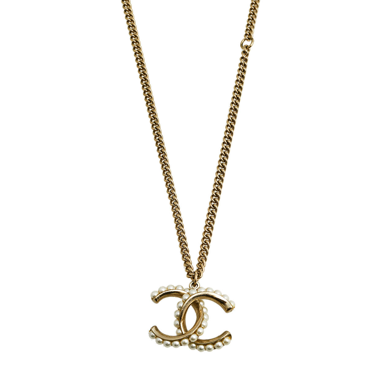 Pre Owned Chanel Gold Tone CC Faux Pearl Pendant Necklace