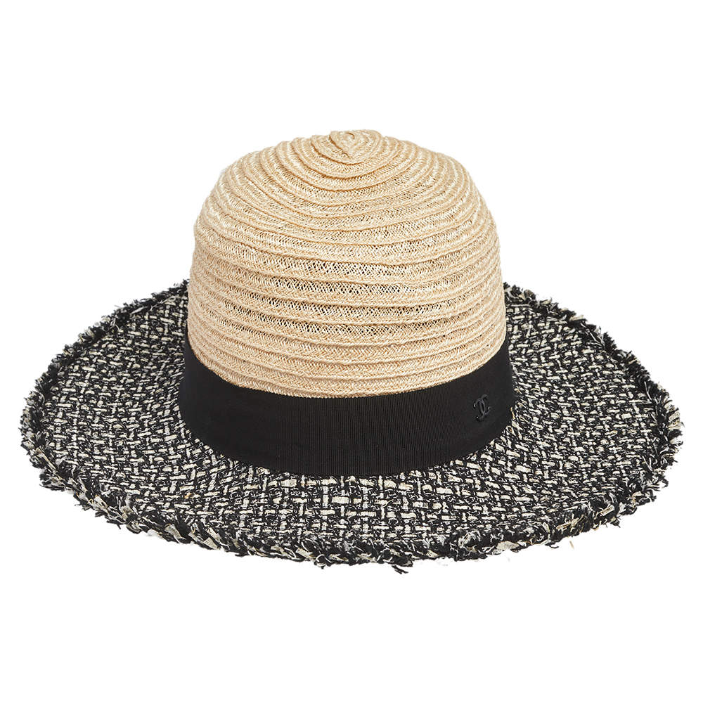 Pre Owned Chanel Beige Straw & Tweed Fedora Hat M