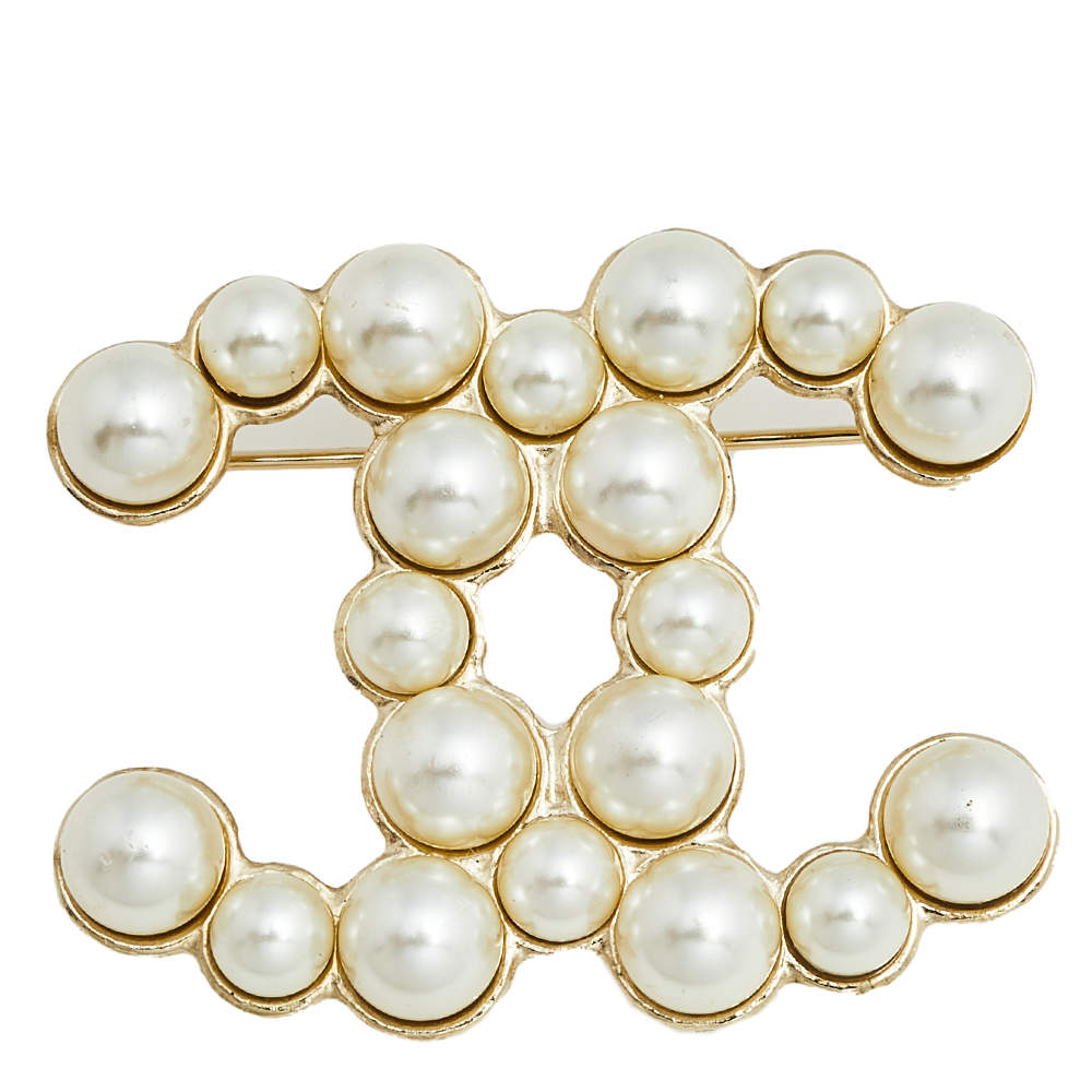 Chanel Gold Tone Pearl CC Pin Brooch