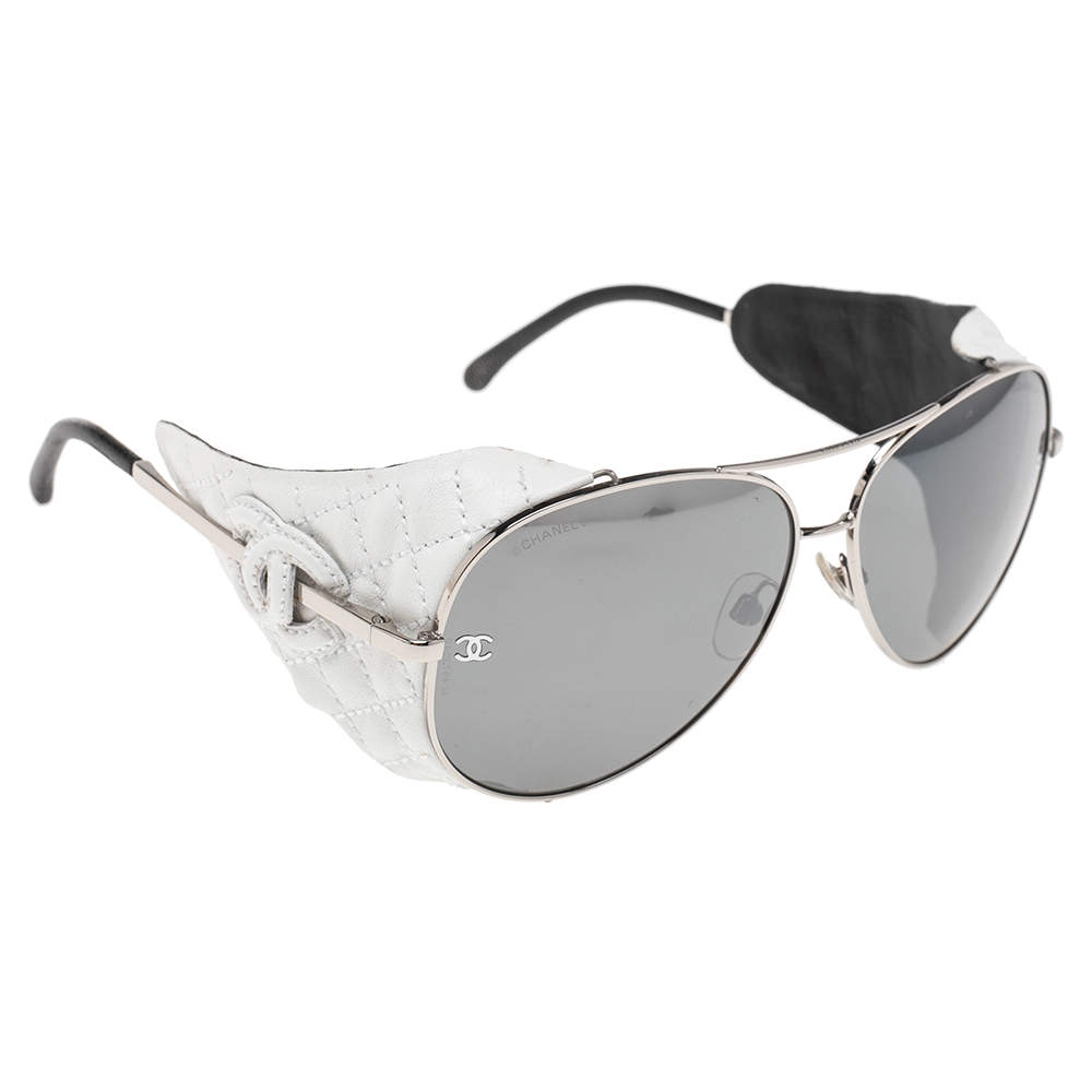 مملوكة مسبقًا Chanel Black/White Quilted Leather and Silver Tone Metal 4192 CC Aviator Sunglasses