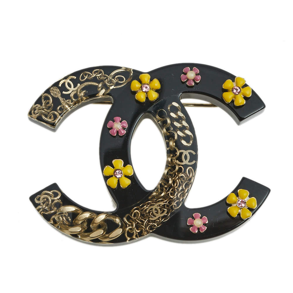 Pre Owned Chanel Black Resin Camellia CC Pin Brooch