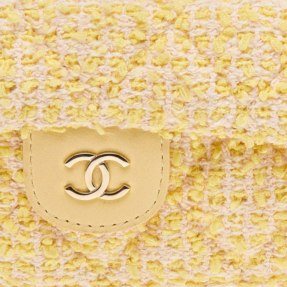CHANEL Tweed Quilted iPhone XII Pro Case With Chain Yellow Pink 1283017