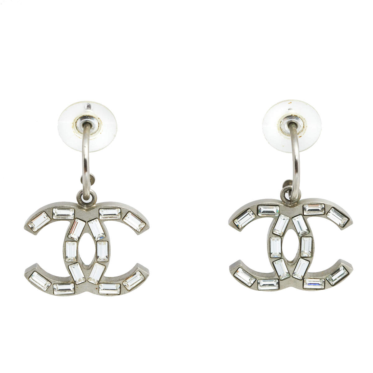 مملوكة مسبقًا Chanel Silver Tone Baguette Crystal CC Dangle Earrings