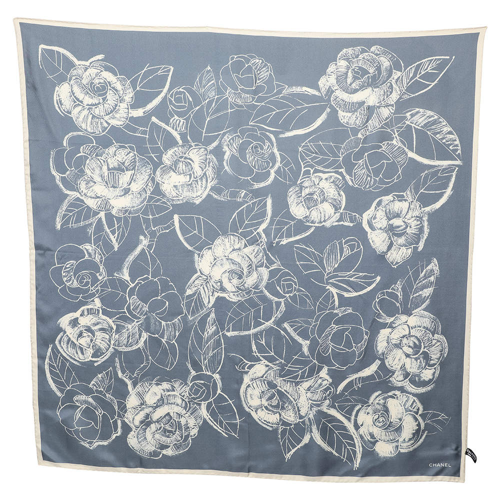 Pre Owned Chanel Blue Camellia Print Silk Square Scarf