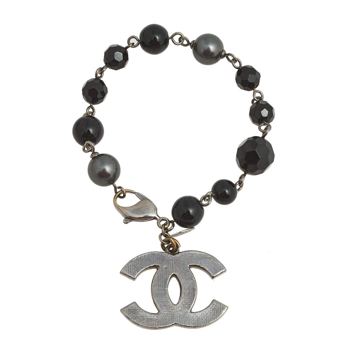 Pre Owned Chanel CC Black Beads Faux Pearl Silver Tone Charm Bracelet