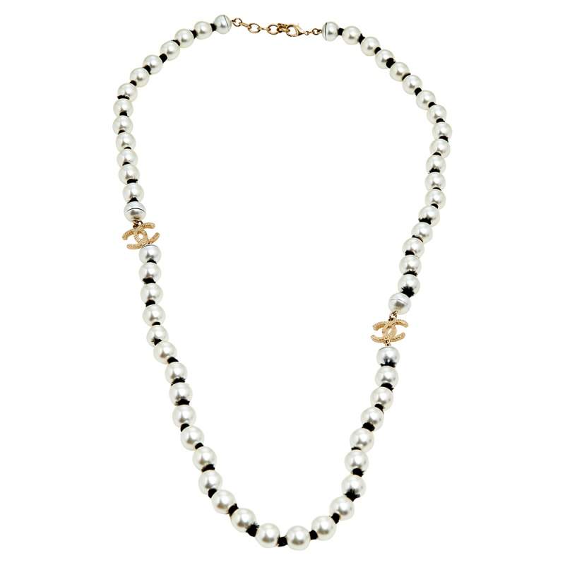 Chanel Gold Tone Grey Faux Pearl Long Necklace