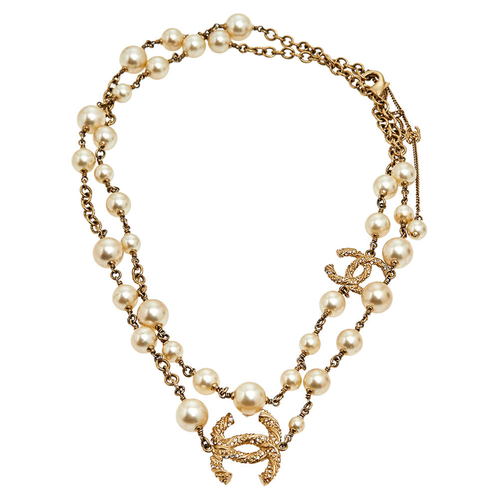 Chanel Gold Tone Graduated Pearl CC Charm Double Layer Necklace 
