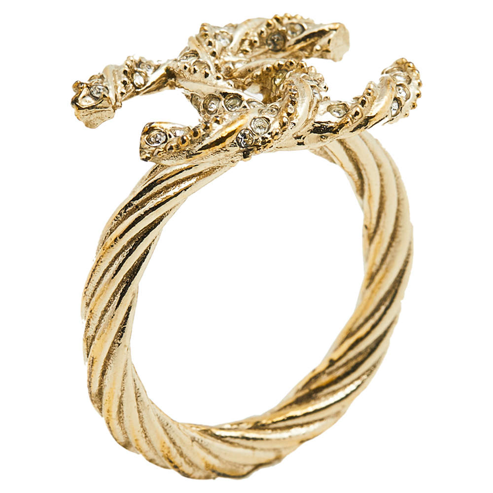 Pre Owned Chanel Pale Gold Tone Crystal Twist CC Ring Size EU 52