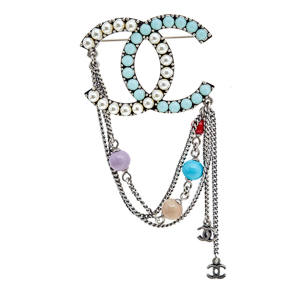 Pre Owned Chanel CC Faux Pearls Crystals Multi Color Beads Silver Tone Metal Brooch